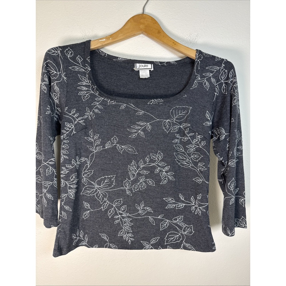Vintage 1980 1990 Y2K Joule Crop Shirt Floral Gray Size Large 3/4 Sleeve Stretch